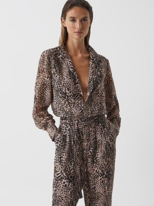 Reiss LEONA ANIMAL PRINT JUMPSUIT BROWN ~ glamorous evening jumpsuits ~ back keyhole cut out detail ~ tie waist ~ party glamour - flipped