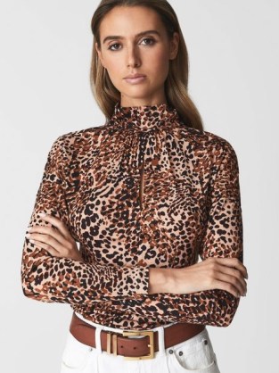 REISS SERENA LEOPARD KEYHOLE TOP BROWN PRINT ~ glamorous animal prints ~ women’s chic long sleeve high neck tops - flipped