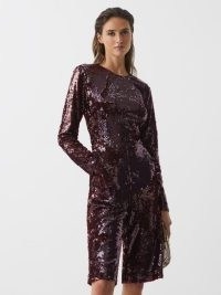REISS SIARRA SEQUIN CULOTTE JUMPSUIT BURGUNDY ~ sequinned crop leg jumpsuits ~ party glamour ~ glamorous all-in-one occasion clothes