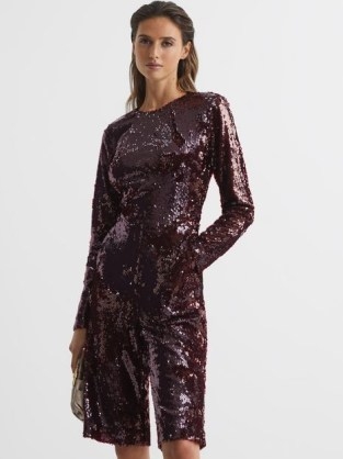 REISS SIARRA SEQUIN CULOTTE JUMPSUIT BURGUNDY ~ sequinned crop leg jumpsuits ~ party glamour ~ glamorous all-in-one occasion clothes - flipped
