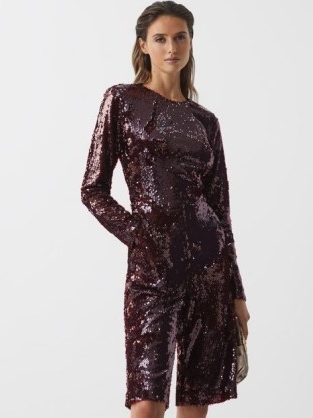 REISS SIARRA SEQUIN CULOTTE JUMPSUIT BURGUNDY ~ sequinned crop leg jumpsuits ~ party glamour ~ glamorous all-in-one occasion clothes