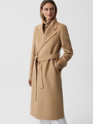 REISS AGNES BELTED BLINDSEAM WOOL LONGLINE COAT CAMEL ~ women’s classic light brown tie waist winter coats - flipped