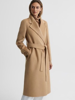 REISS AGNES BELTED BLINDSEAM WOOL LONGLINE COAT CAMEL ~ women’s classic light brown tie waist winter coats
