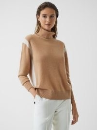 REISS CHLOE CASHMERE ROLL NECK JUMPER CAMEL ~ luxe knits ~ light brown high neck jumpers ~ neutral knitwear