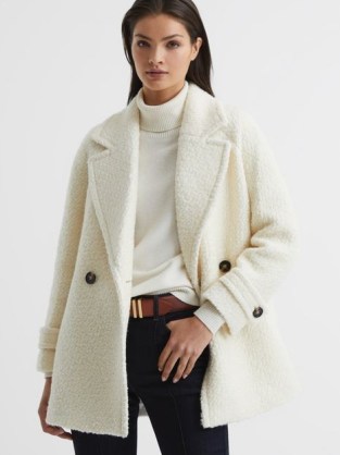REISS ANDRESSA SHORT WOOL BLEND BOUCLE TEDDY COAT CREAM ~ women’s luxe double breasted winter coats ~ womens textured outerwear