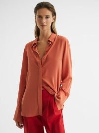 REISS EDEN MATTE SILK TUNIC SHIRT ORANGE ~ women’s luxe shirts ~ luxury wardrobe basics