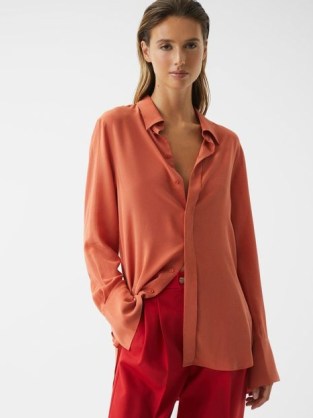 REISS EDEN MATTE SILK TUNIC SHIRT ORANGE ~ women’s luxe shirts ~ luxury wardrobe basics - flipped