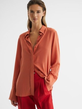 REISS EDEN MATTE SILK TUNIC SHIRT ORANGE ~ women’s luxe shirts ~ luxury wardrobe basics