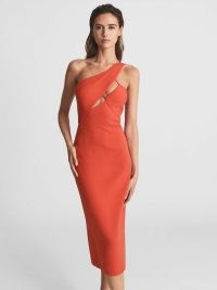 Reiss ELODIE ONE SHOULDER BODYCON MIDI DRESS ORANGE | sleeveless cut out party dresses | glamorous evening clothes | fitted event fashion | asymmetric occasion clothes | sophisticated glamour