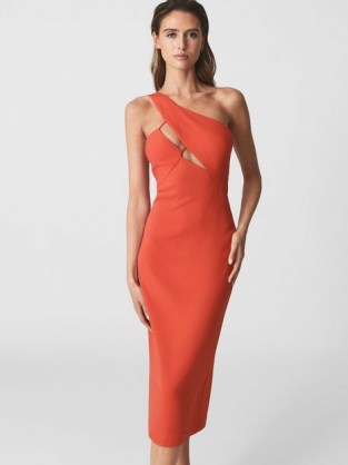 Reiss ELODIE ONE SHOULDER BODYCON MIDI DRESS ORANGE | sleeveless cut out party dresses | glamorous evening clothes | fitted event fashion | asymmetric occasion clothes | sophisticated glamour - flipped