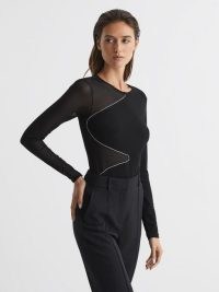 Reiss FELICITY MESH DIAMANTÉ DETAIL BODYSUIT BLACK | glamorous sheer panel bodysuits | embellished party fashion
