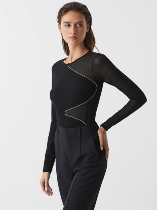Reiss FELICITY MESH DIAMANTÉ DETAIL BODYSUIT BLACK | glamorous sheer panel bodysuits | embellished party fashion - flipped