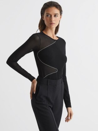 Reiss FELICITY MESH DIAMANTÉ DETAIL BODYSUIT BLACK | glamorous sheer panel bodysuits | embellished party fashion