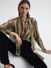 Reiss BLAIR METALLIC BLOUSE GOLD ~ sequinned evening blouses ~ sophisticated party glamour ~ removable neck tie