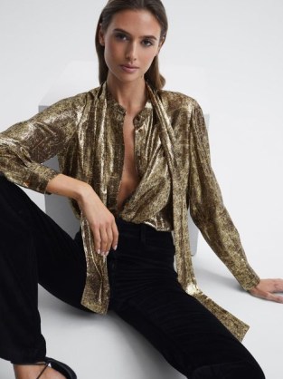 Reiss BLAIR METALLIC BLOUSE GOLD ~ sequinned evening blouses ~ sophisticated party glamour ~ removable neck tie