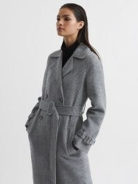 REISS ALEXA BELTED BLINDSEAM CHECKED TRENCH COAT GREY ~ women’s longline classic style winter coats ~ buckled cuff detail