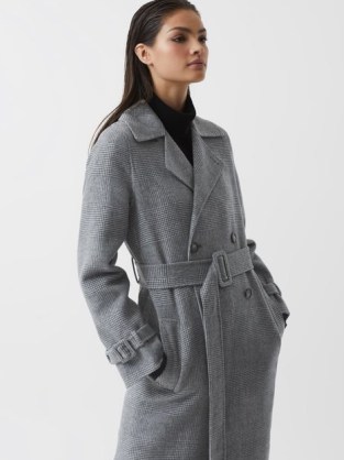 REISS ALEXA BELTED BLINDSEAM CHECKED TRENCH COAT GREY ~ women’s longline classic style winter coats ~ buckled cuff detail - flipped