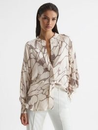 REISS HARRI PRINTED SHIRT CREAM ~ women’s abstract leopard shirts ~ grandad collar ~ chic loose fit animal print blouses