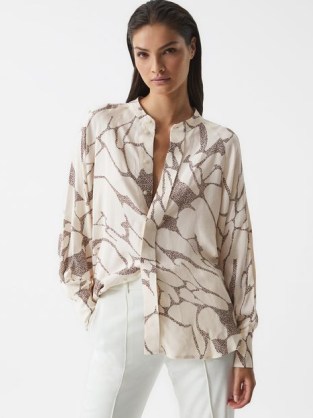 REISS HARRI PRINTED SHIRT CREAM ~ women’s abstract leopard shirts ~ grandad collar ~ chic loose fit animal print blouses - flipped