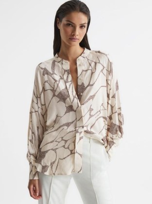 REISS HARRI PRINTED SHIRT CREAM ~ women’s abstract leopard shirts ~ grandad collar ~ chic loose fit animal print blouses