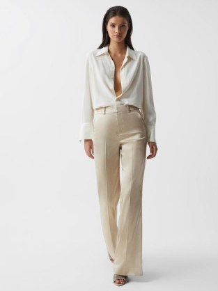 REISS MAE SATIN FLARE TROUSERS CHAMPAGNE ~ women’s luxe high rise evening flares ~ high shine occasion clothes - flipped