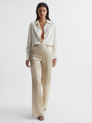 REISS MAE SATIN FLARE TROUSERS CHAMPAGNE ~ women’s luxe high rise evening flares ~ high shine occasion clothes