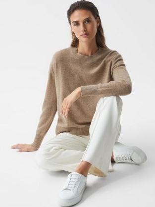 REISS HEIDI CASHMERE CREW NECK JUMPER MINK ~ women’s luxe brown jumpers ~ classic neutral knits