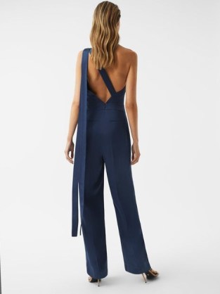 REISS LUCINDA BRIDESMAID ONE SHOULDER JUMPSUIT NAVY ~ occasion jumpsuits ~ open back single strap detail - flipped