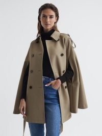 REISS MATHILDE TRENCH WOOL BLEND CAPE NEUTRAL ~ chic tie waist capes ~ women’s stylish double breasted winter coats with shoulder epaulettes