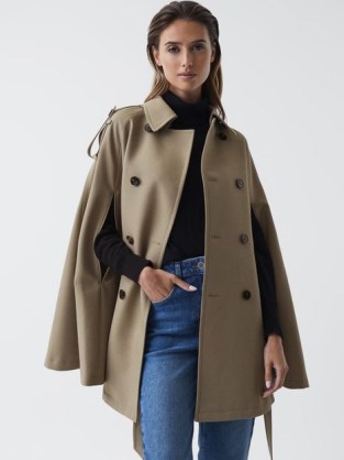 REISS MATHILDE TRENCH WOOL BLEND CAPE NEUTRAL ~ chic tie waist capes ~ women’s stylish double breasted winter coats with shoulder epaulettes - flipped