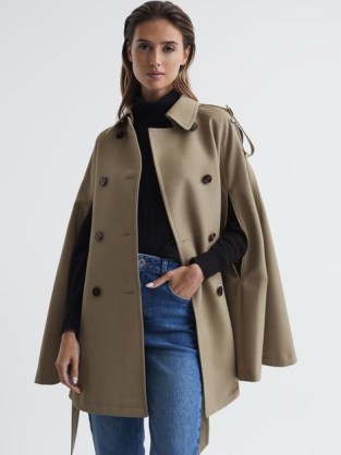 REISS MATHILDE TRENCH WOOL BLEND CAPE NEUTRAL ~ chic tie waist capes ~ women’s stylish double breasted winter coats with shoulder epaulettes