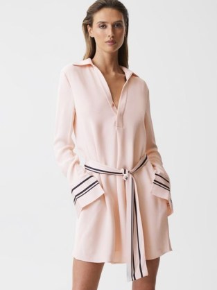 REISS FEYA STRIPE DETAIL MINI DRESS NUDE ~ collared dresses with oversized cuffs ~ polo shirt inspired fashion - flipped