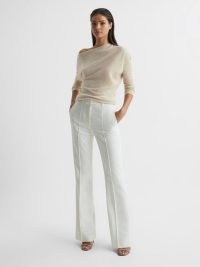 REISS PETRICE CASHMERE SLASH NECK KNITTED JUMPER NEUTRAL ~ chic asymmetric jumpers ~ women’s modern sweaters with an asymmetrical neckline