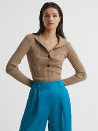 REISS MAIA BUTTON COLLAR JUMPER TOP CAMEL ~ brown ribbed knit bodycon tops ~ women’s fitted form jumpers