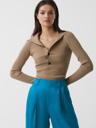 REISS MAIA BUTTON COLLAR JUMPER TOP CAMEL ~ brown ribbed knit bodycon tops ~ women’s fitted form jumpers - flipped
