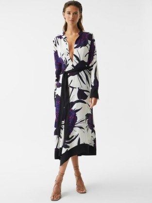 REISS LINA LARGE SCALE FLORAL MIDI DRESS PURPLE – bold flower print dresses with a belted tie waist – chic clothes - flipped