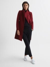 REISS MIA WOOL-BLEND MID LENGTH COAT RED – women’s asymmetric neckline coats – womens chic high neck winter outerwear