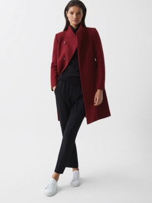 REISS MIA WOOL-BLEND MID LENGTH COAT RED – women’s asymmetric neckline coats – womens chic high neck winter outerwear - flipped