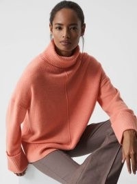 REISS SARAH CASHMERE BLEND ROLL NECK JUMPER PINK ~ women’s long sleeved relaxed fit high neck sweaters ~ womens luxe wool and cashmere winter jumpers