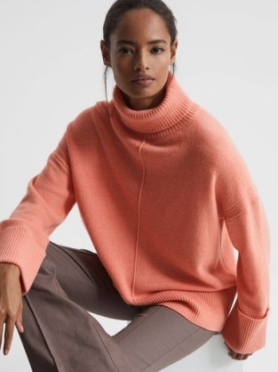REISS SARAH CASHMERE BLEND ROLL NECK JUMPER PINK ~ women’s long sleeved relaxed fit high neck sweaters ~ womens luxe wool and cashmere winter jumpers - flipped