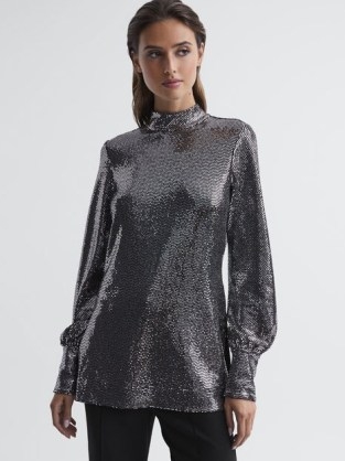 REISS ARIANA SEQUIN OCCASION TOP SILVER ~ metallic sequinned high neck long sleeved party tops ~ women’s glamorous evening fashion - flipped