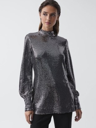 REISS ARIANA SEQUIN OCCASION TOP SILVER ~ metallic sequinned high neck long sleeved party tops ~ women’s glamorous evening fashion