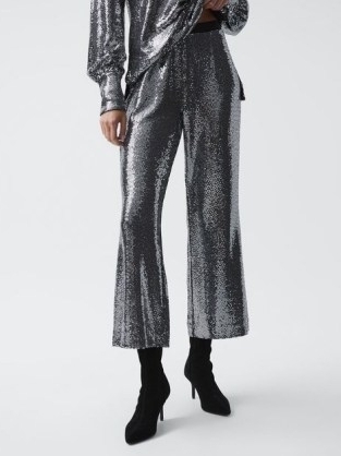 REISS VALERIA SEQUIN OCCASION TROUSERS SILVER ~ women’s sequinned evening pants ~ womens glamorous party clothes ~ cropped flares ~ flared hem - flipped