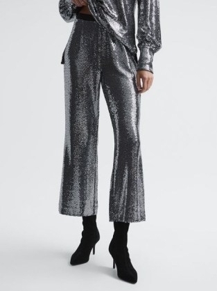 REISS VALERIA SEQUIN OCCASION TROUSERS SILVER ~ women’s sequinned evening pants ~ womens glamorous party clothes ~ cropped flares ~ flared hem