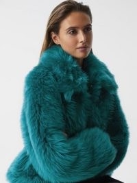 REISS CAITLIN SHORT SHEARLING JACKET TEAL – fluffy blue-green jackets – women’s luxe winter outerwear – a touch of gloomy weather glamour