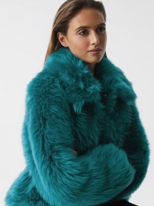 REISS CAITLIN SHORT SHEARLING JACKET TEAL – fluffy blue-green jackets – women’s luxe winter outerwear – a touch of gloomy weather glamour