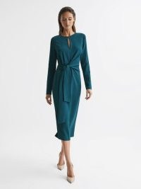 Reiss VALENTINA TIE WAIST BODYCON MIDI DRESS TEAL ~ chic long sleeved occasion dresses ~ front keyhole cut out