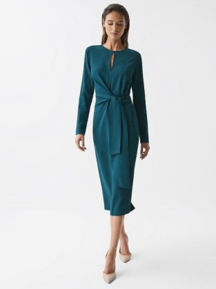 Reiss VALENTINA TIE WAIST BODYCON MIDI DRESS TEAL ~ chic long sleeved occasion dresses ~ front keyhole cut out - flipped