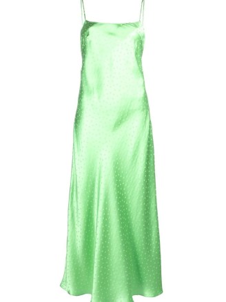 Rixo Holly polka dot maxi dress in mint green ~ silk spaghetti strap slip dresses ~ skinny shoulder straps ~ slinky fabric fashion - flipped
