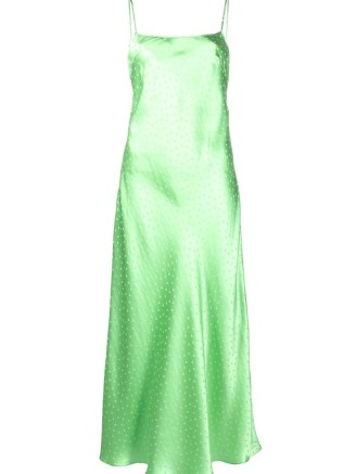 Rixo Holly polka dot maxi dress in mint green ~ silk spaghetti strap slip dresses ~ skinny shoulder straps ~ slinky fabric fashion